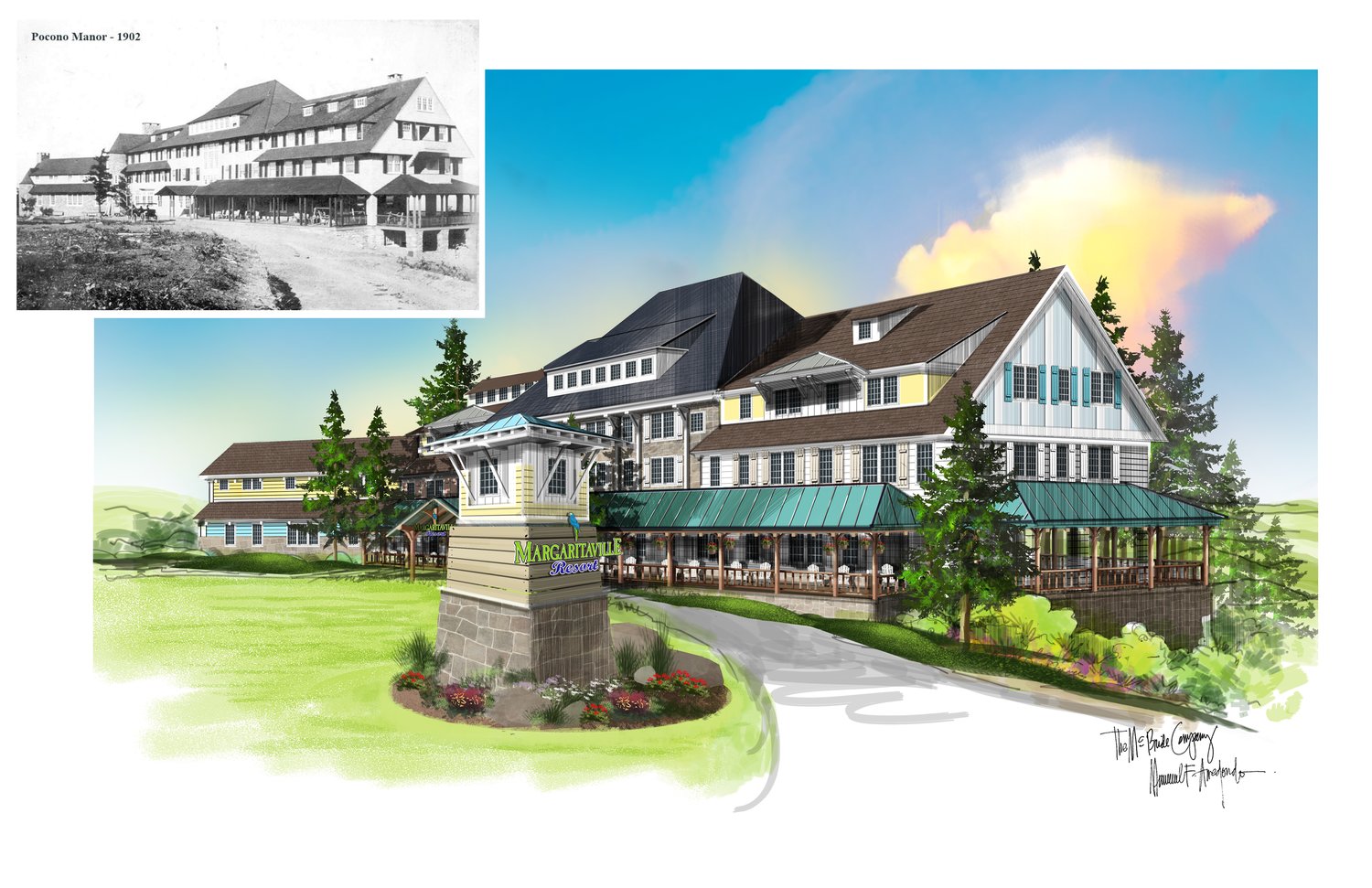 The Margaritaville Hotel Pocono Mountains  will pay homage to the original Pocono Manor (inset).. Built in 1902, it was accepted into the National Registry of Historic Places in 1997 and burned down in 2019, just weeks before a planned renovation.
